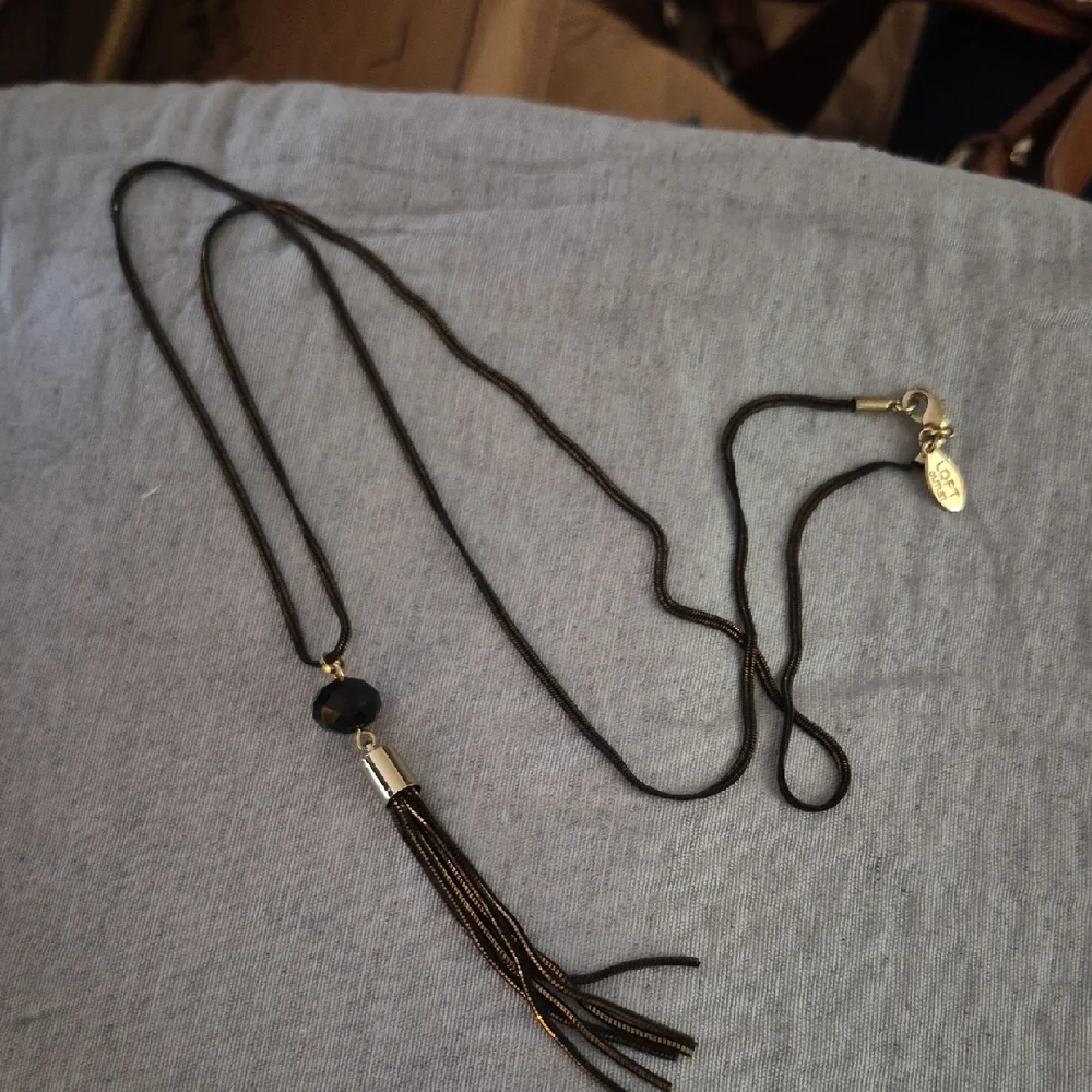 LOFT  Boho Long Tassel Black Crystal Bead Pendant Sweater Necklace 30